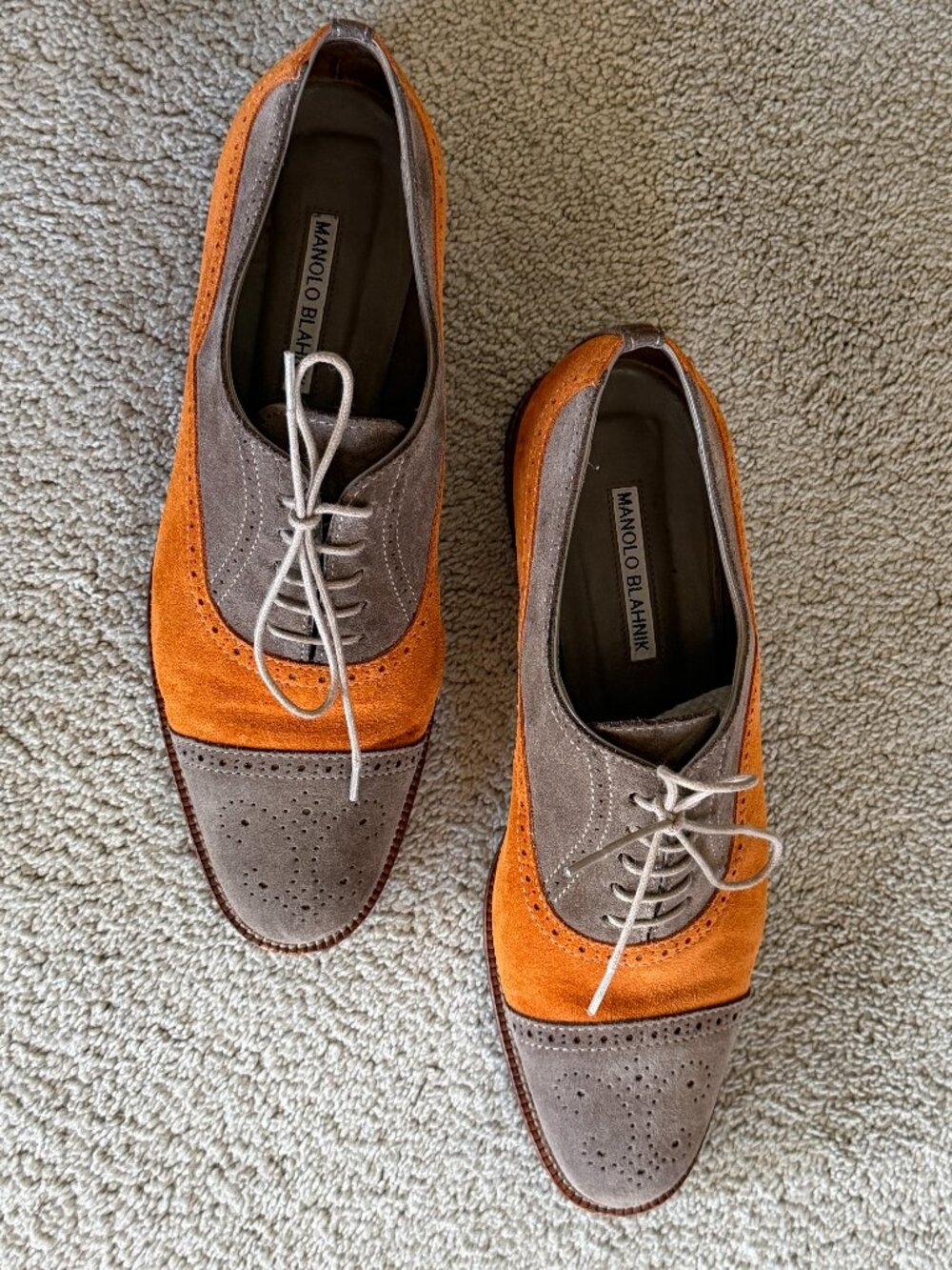 Manolo Blahnik 2 tone leather /suede Oxford/Broggues/shoes sz 38 or 8 US Made in